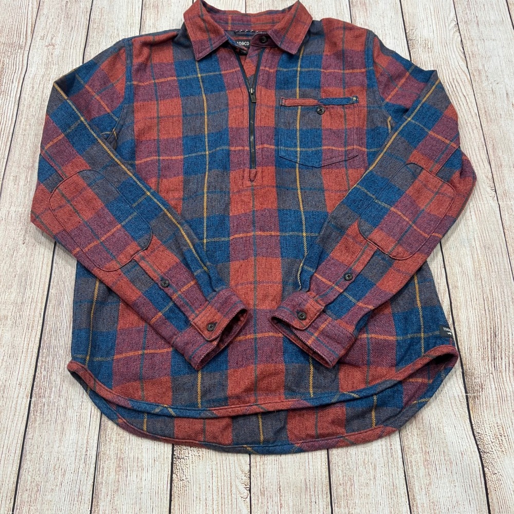 Toad&Co‎ Women's Red Blue Plaid Recycled Flannel Quarter Zip Pullover Shirt